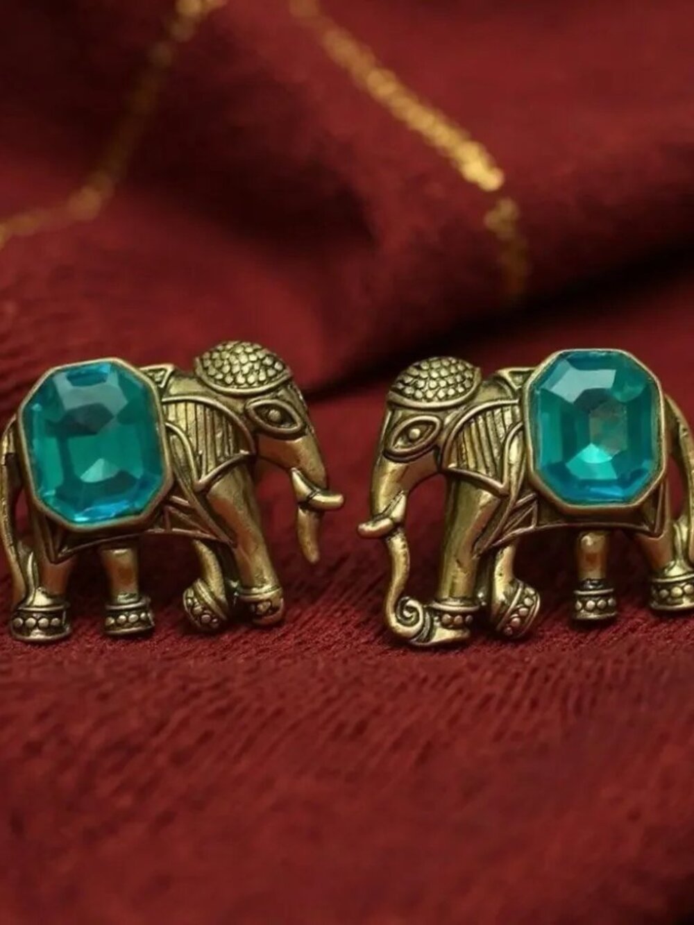 Medieval Elephant Earrings VTG CZ Gold African India Ethnic Museum Art Revival